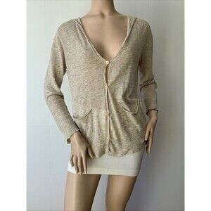 EILEEN FISHER (Size M) Featherweight Linen Blend Heather Beige Hooded Cardigan
